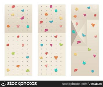 Holds for rock climbing on bouldering wall. Grips and pitches for extreme sport competition. Vector illustration.. Holds for rock climbing on bouldering wall. Grips and pitches for extreme sport competition. Vector
