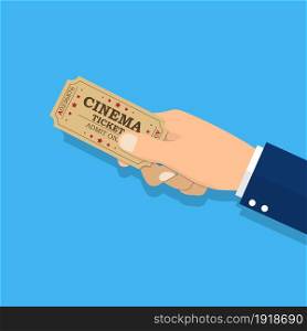Holds tickets in hand. Man shows a ticket. Access entertainment, cinema, theater concert. Pass permission. Vector illustration in flat style. Holds tickets in hand