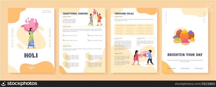 Holi flat vector brochure template. Festival of colors. Flyer, booklet, printable leaflet design with flat illustrations. Magazine page, cartoon reports, infographic posters with text space. Holi flat vector brochure template