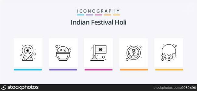 Holi Line 5 Icon Pack Including rangoli. decoration. building. party time. bonfire. Creative Icons Design
