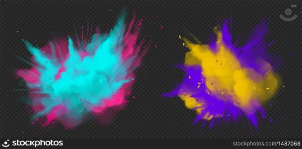 Holi paint powder color explosion realistic vector illustration. Blue pink, yellow purple dust splash, spring holiday paint burst isolated on dark transparent, decorative element for indian fest. Holi paint powder color explosion realistic