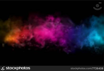 Holiday Abstract blue, purple and orange powder smoke cloud design element on dark background. Nightclub stage. For website and poster design. Holiday Abstract shiny color powder cloud design element