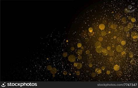 Holiday Abstract shiny color bokeh design element and glitter effect on dark background. For website, greeting, discount voucher, invitation and poster design. Holiday Abstract shiny color gold bokeh and glitter
