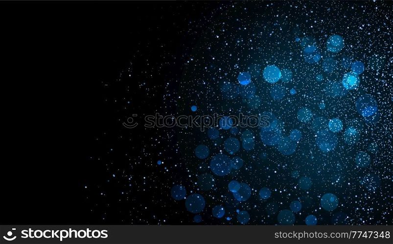 Holiday Abstract shiny color bokeh design element and glitter effect on dark background. For website, greeting, discount voucher, invitation and poster design. Holiday Abstract shiny color blue bokeh and glitter