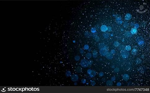 Holiday Abstract shiny color bokeh design element and glitter effect on dark background. For website, greeting, discount voucher, invitation and poster design. Holiday Abstract shiny color blue bokeh and glitter