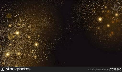 Holiday Abstract shiny color gold bokeh design element and glitter effect on dark background. For website, greeting, discount voucher, greeting and poster design. Holiday Abstract shiny color gold design element