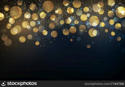 Holiday Abstract shiny color gold bokeh design element and glitter effect on dark background. For website, greeting, discount voucher, greeting and poster design. Holiday Abstract shiny color gold design element