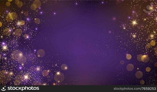Holiday Abstract shiny color gold bokeh design element and glitter effect on dark purple background. For website, greeting, discount voucher, greeting and poster design. Holiday Abstract shiny color gold design element