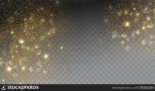Holiday Abstract shiny color gold bokeh design element and glitter effect on transparent background. For website, greeting, discount voucher, greeting and poster design. Holiday Abstract shiny color gold design element