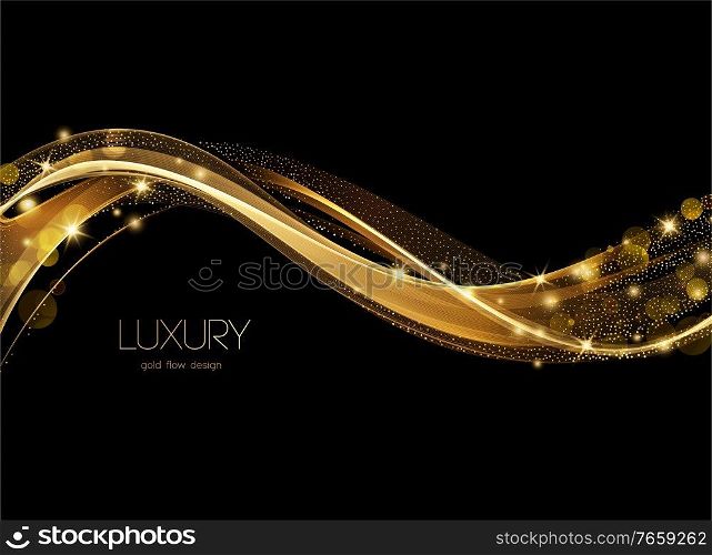 Holiday Abstract shiny color gold wave bokeh design element and glitter effect on dark background. For website, greeting, discount voucher, greeting and poster design. Holiday Abstract shiny color gold design element