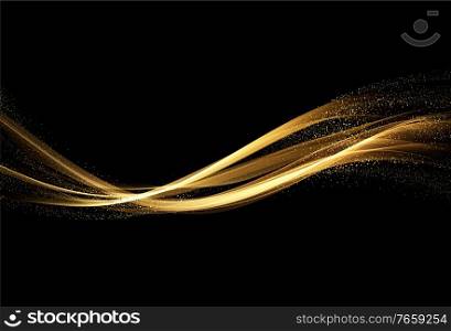 Holiday Abstract shiny color gold wave design element and glitter effect on dark background. For website, greeting, discount voucher, greeting and poster design. Holiday Abstract shiny color gold design element