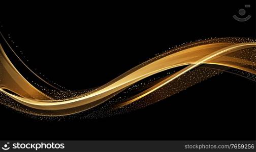 Holiday Abstract shiny color gold wave design element and glitter effect on dark background. For website, greeting, discount voucher, greeting and poster design. Holiday Abstract shiny color gold design element