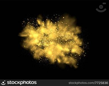 Holiday Abstract shiny gold bokeh design element and glitter effect on dark background. For website, greeting, discount voucher, greeting and poster design. Holiday Abstract shiny gold design element. Holi powder