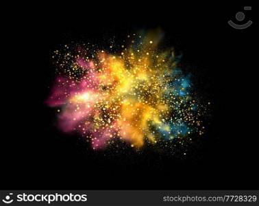 Holiday Abstract shiny gold pinkblue powder design element and glitter effect on dark background. For website, greeting, discount voucher, greeting and poster design. Holiday Abstract shiny gold pink powder design element