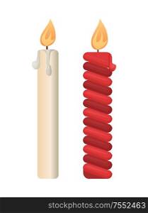 Holiday and church candles, burning paraffin item vector isolated icon. Decorative element, aroma realistic red and white bougies, symbols of New Year. Holiday and Church Candles, Burning Paraffin Icons