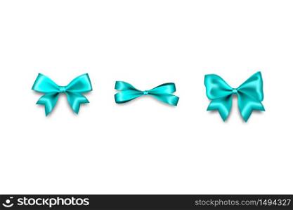 Holiday aquamarine satin gift blue bow knot ribbon. Birthday realistic design isolated vector. Silk shiny textile sale tape.. Holiday satin gift bow knot aquamarine ribbon