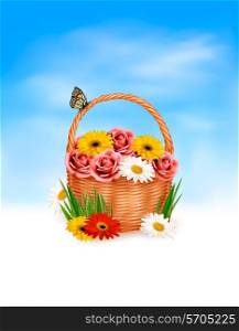 Holiday background. Basket full of flowers with a butterfly. Vector.