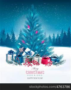 Holiday background with a blue Christmas tree and presents. Vector