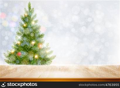 Holiday background with a Christmas tree and colorful balls. Vector