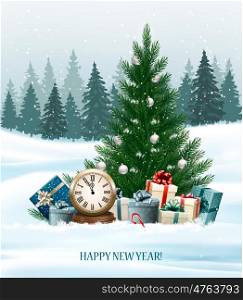 Holiday background with a Christmas tree and presents and clock. Vector.
