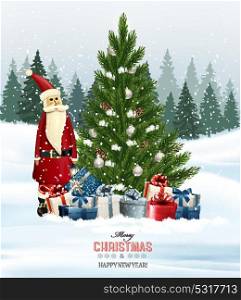 Holiday background with a Christmas tree and presents and Santa Claus. Vector.