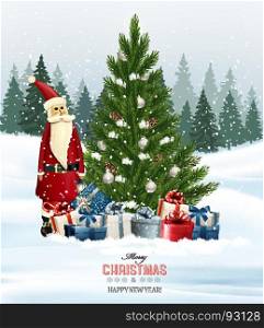Holiday background with a Christmas tree and presents and Santa Claus. Vector.