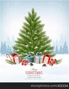 Holiday background with a christmas tree and presents. Vector.