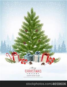 Holiday background with a christmas tree and presents. Vector.