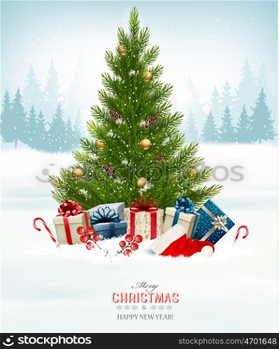 Holiday background with a christmas tree and presents. Vector