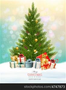 Holiday background with a Christmas tree and presents. Vector