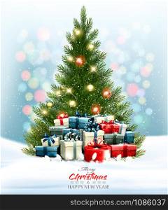 Holiday background with a colorful presents and Christmas tree with garland. Vector.