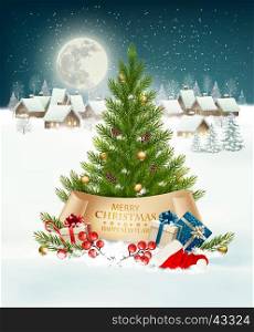 Holiday background with a village and Christmas Tree with presents. Vector.