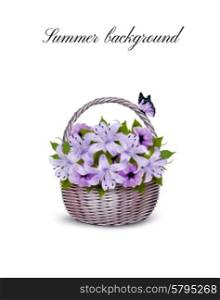 Holiday Background With Basket Full Of Beauty Flowers. Vector.