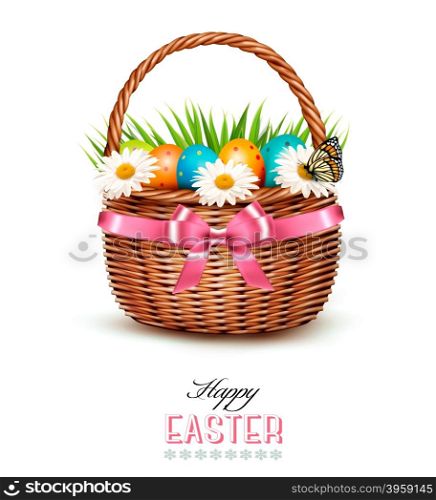 Holiday background with basket full of Easter eggs. Vector.