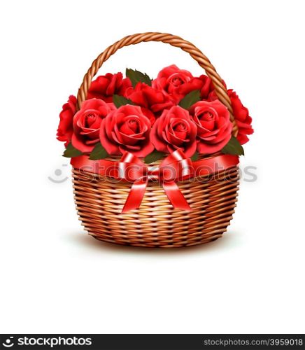 Holiday Background With Basket Full Of Red Roses. Vector.