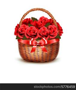 Holiday Background With Basket Full Of Red Roses. Vector.