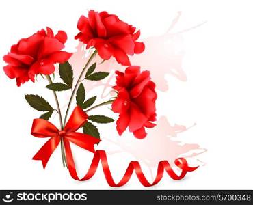 Holiday background with beautiful red roses and a ribbon. Vector illustration.