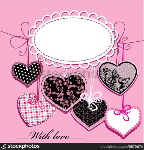 holiday background with black and pink ornamental hearts and oval frame for your text