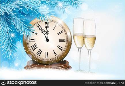 Holiday background with champagne glasses and clock. Happy New Year. Vector illustration