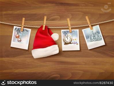 Holiday background with christmas photos and a santa hat. Vector.