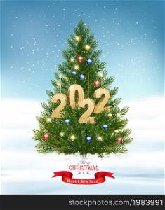 Holiday background with Christmas tree with garland and a gold 2022. Vector.