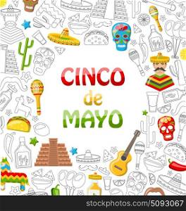 Holiday Background with Collection Mexican Colorful Icons, Objects and Symbols. Illustration Holiday Background with Collection Mexican Colorful Icons, Objects and Symbols for Cinco de Mayo - Vector