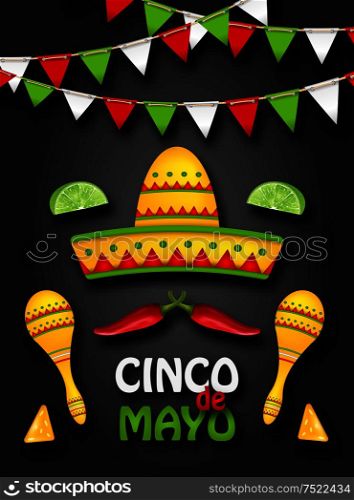Holiday Background with Collection Mexican Colorful Symbols for Cinco de Mayo - Illustration Vector. Holiday Background with Collection Mexican Colorful Symbols for Cinco de Mayo
