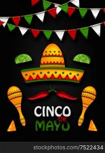 Holiday Background with Collection Mexican Colorful Symbols for Cinco de Mayo - Illustration Vector. Holiday Background with Collection Mexican Colorful Symbols for Cinco de Mayo