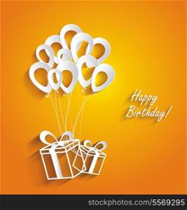 Holiday background with colorful balloons and gift boxes. Vector