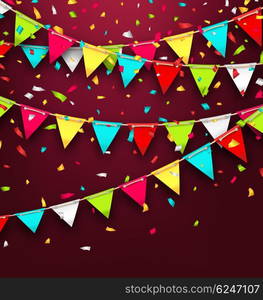 Holiday Background with Colorful Bunting and Confetti. Illustration Holiday Background with Colorful Bunting and Confetti. Bright Banner with Copy Space for Your Text - Vector