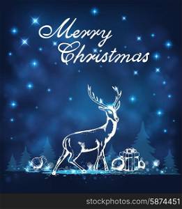 Holiday background with deer, gifts and white firs