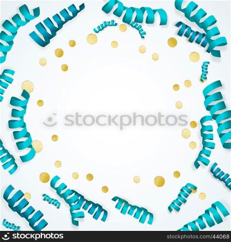 Holiday background with frame made of blue paper serpentine streamers and golden metallic confetti