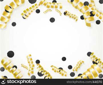 Holiday background with frame made of golden metallic serpentine streamers and black confetti