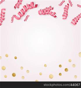 Holiday background with frame made of pink paper serpentine streamers and golden metallic confetti